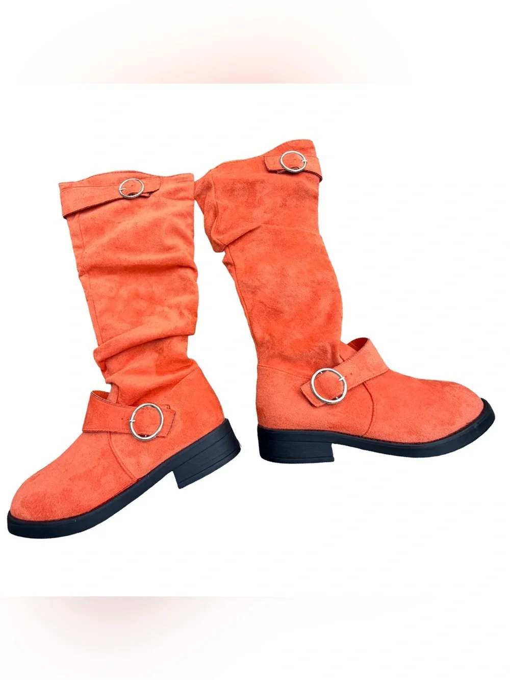 Women's Orange Suede Mid-Calf Buckle Boots Size 37 EU 6.5 American Unworn